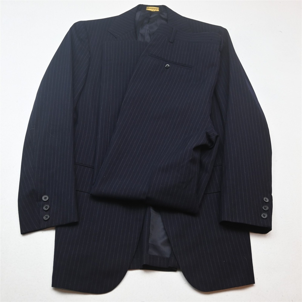Vtg England Made Norman Hilton 39R 32x30 Navy Blue Striped Flannel Wool Suit